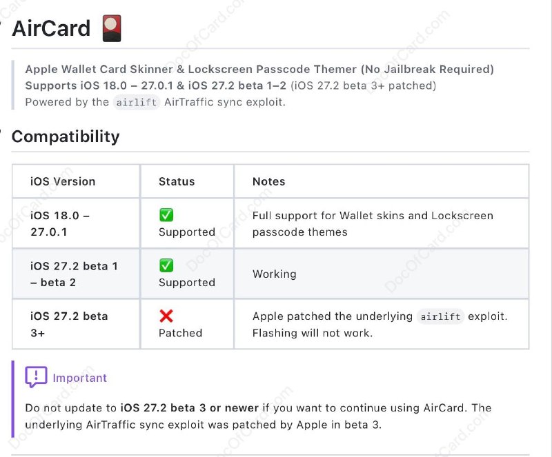 🆕10/5/26更新: AirCard 项目 作者确认修改苹果钱包卡面项目在 iOS 27.2 Beta 3 中失效，苹果已修复漏洞👉🏿 @DocOfCard_channel