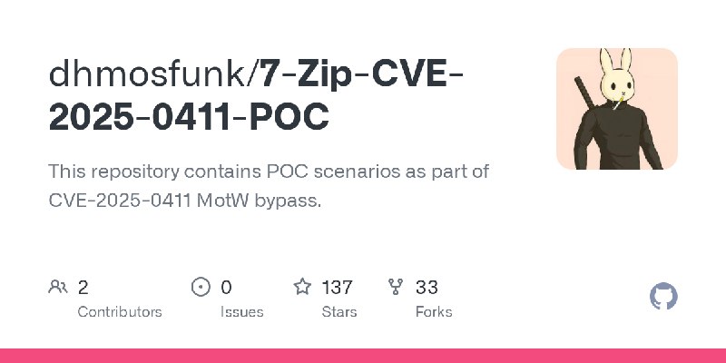 GitHub - dhmosfunk/7-Zip-CVE-2025-0411-POC: This repository contains POC scenarios as part of CVE-2025-0411 MotW bypass.