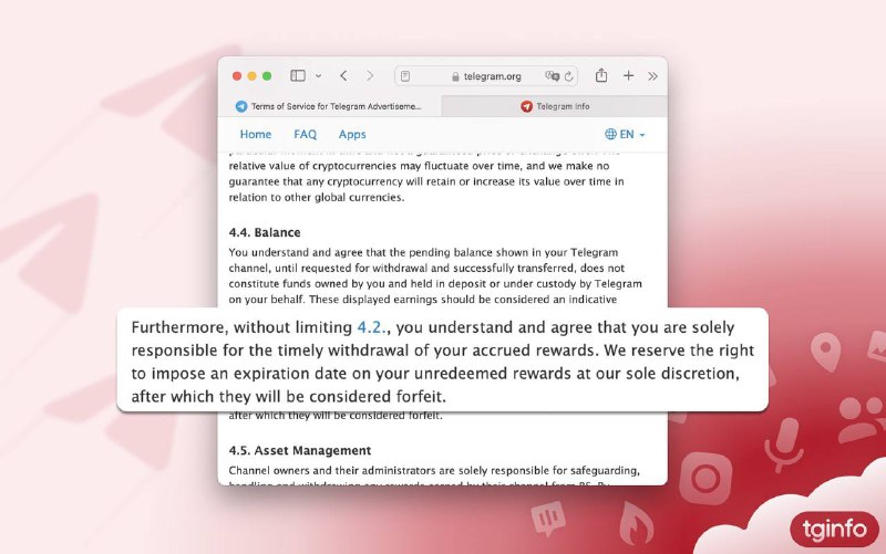 Telegram 变更的创作者奖励的条款广告收入分配计划的条件中增加了关于提款的具体说明