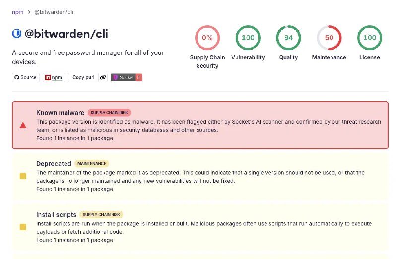 Bitwarden CLI 软件包遭遇 Checkmarx 供应链攻击Socket 研究人员发现 Bitwarden CLI 的 npm 软件包遭遇供应链攻击