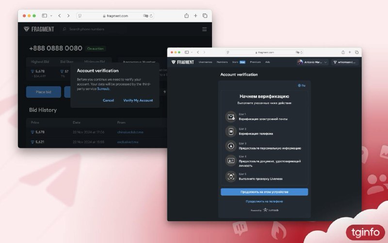 Telegram拍卖平台Fragment引进强制KYC，使用Sumsub的第三方认证服务Telegram专用拍卖平台Fragment已开始强制实施实名认证（KYC）程序，用户需通过身份验证才能购买“星币”、Telegram Premium或匿名号码等服务